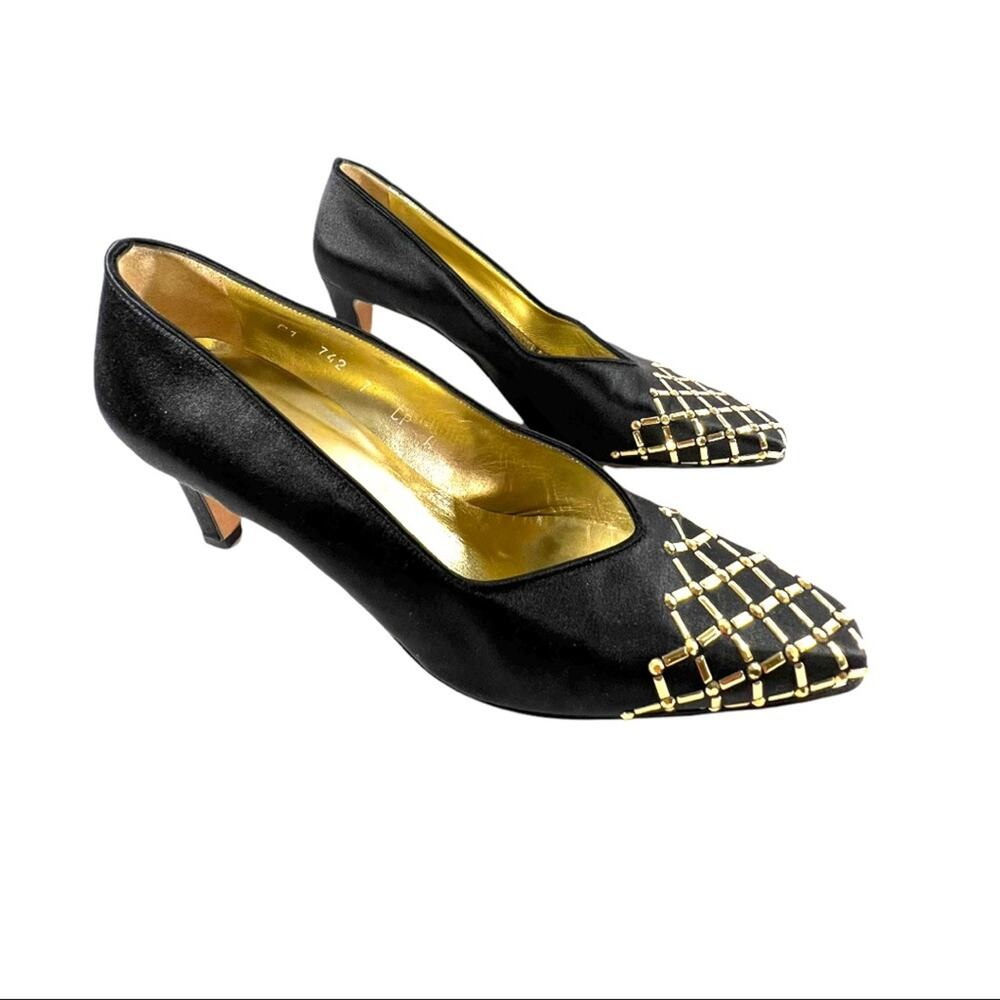 ST JOHN BLACK Vintage Satin Evening Shoes with Gold lattice design on Toe SZ 7